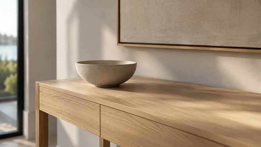 An empty workspace: an empty show-suite console of pale oak with one bare ceramic bowl in soft afternoon light
