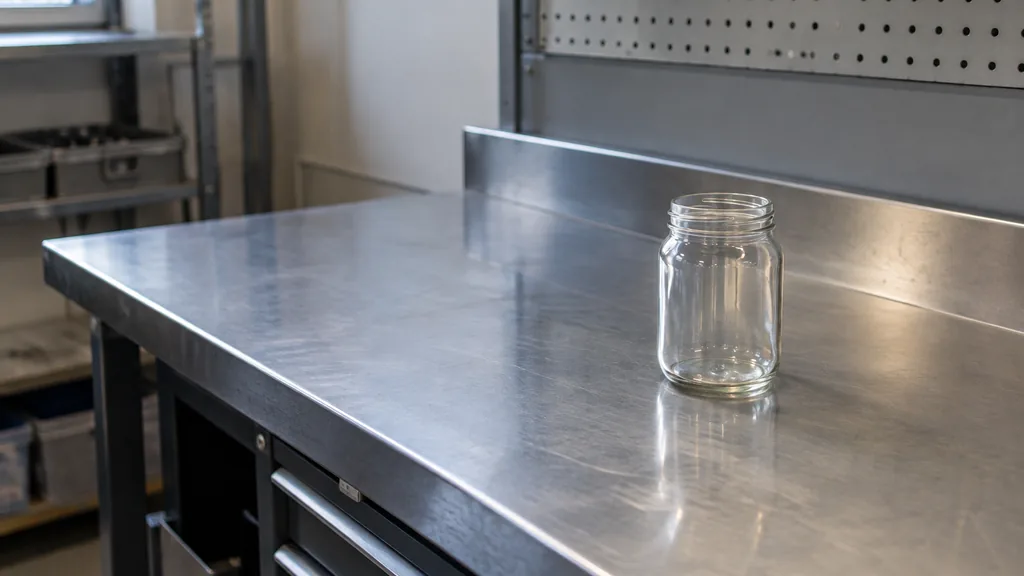 An empty workspace: an empty steel workbench of brushed metal with one bare glass jar in cool overhead light