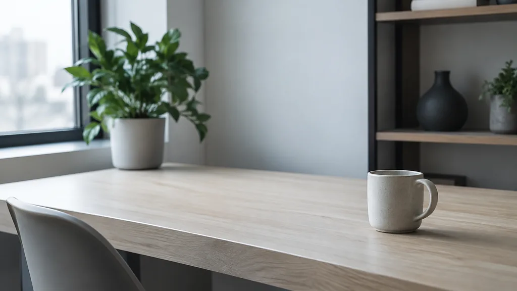 An empty workspace: an empty desk of pale ash with one bare ceramic cup in cool morning light