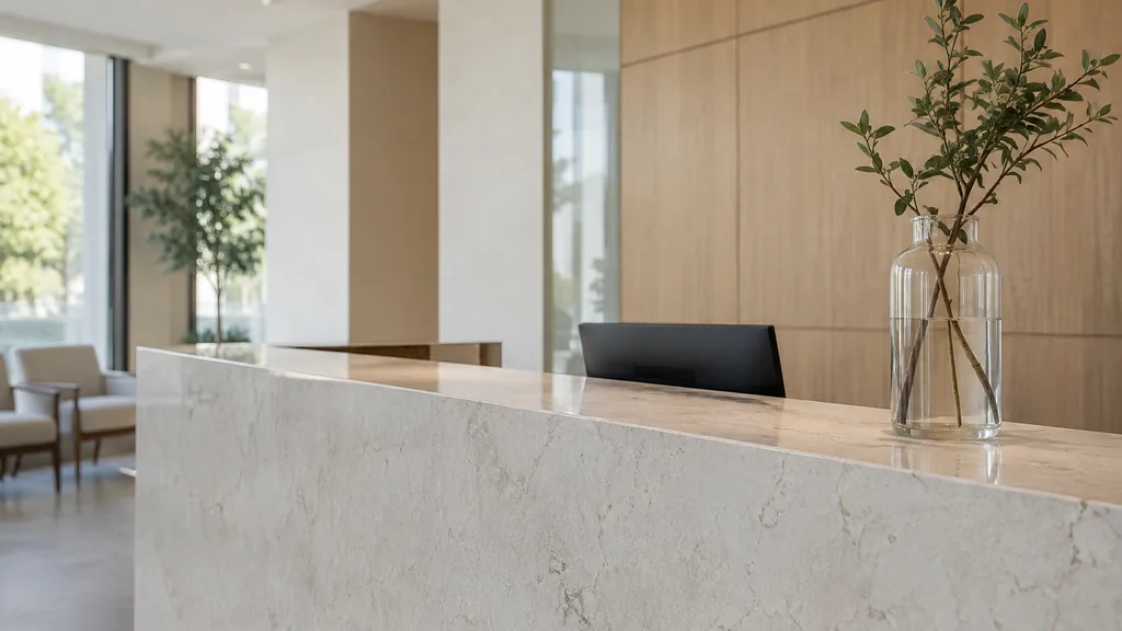 An empty workspace: an empty clinic reception counter of pale stone with one bare glass vase in soft diffused daylight