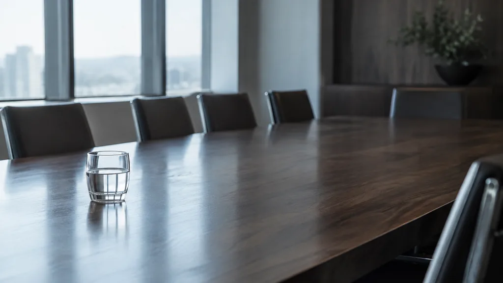 An empty workspace: an empty boardroom table of dark walnut with one bare water glass in cool north light