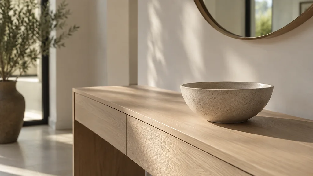 An empty workspace: an empty show-suite console of pale oak with one bare ceramic bowl in soft afternoon light