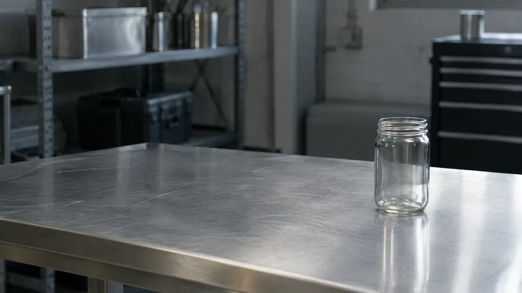 An empty workspace: an empty steel workbench of brushed metal with one bare glass jar in cool overhead light