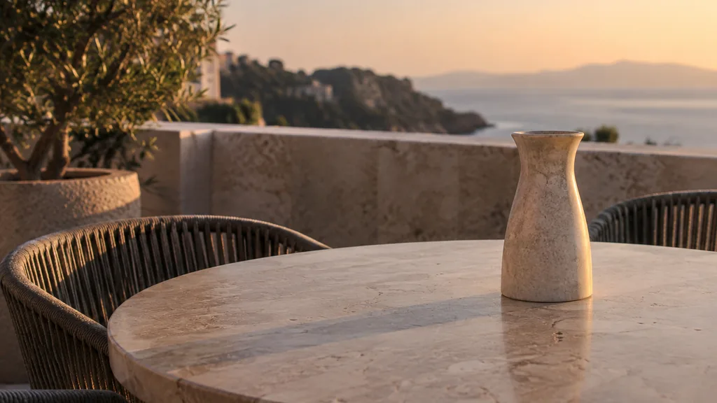 An empty workspace: an empty hotel terrace table of pale travertine with one bare stone carafe in warm evening light