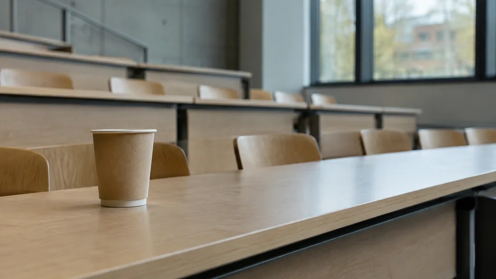 An empty workspace: an empty lecture-hall desk of pale birch with one bare paper cup in cool window light