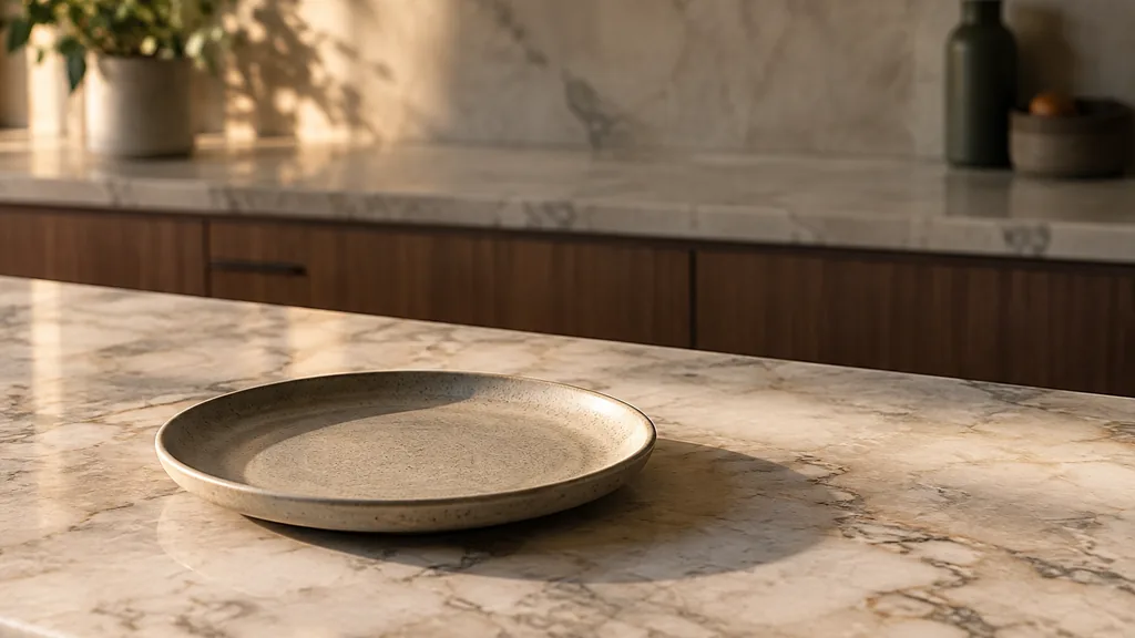 An empty workspace: an empty marble counter with one bare stoneware plate in warm side light
