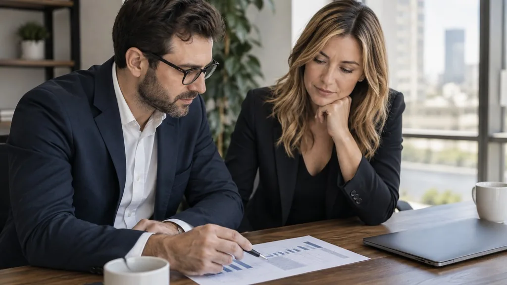 Two SaaS executives at a meeting table reviewing a printed budget spreadsheet beside a closed laptop in a bright office