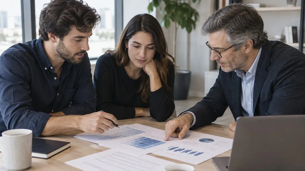 Two founders and an outside advisor reviewing printed cohort retention tables and a financial model at a meeting table