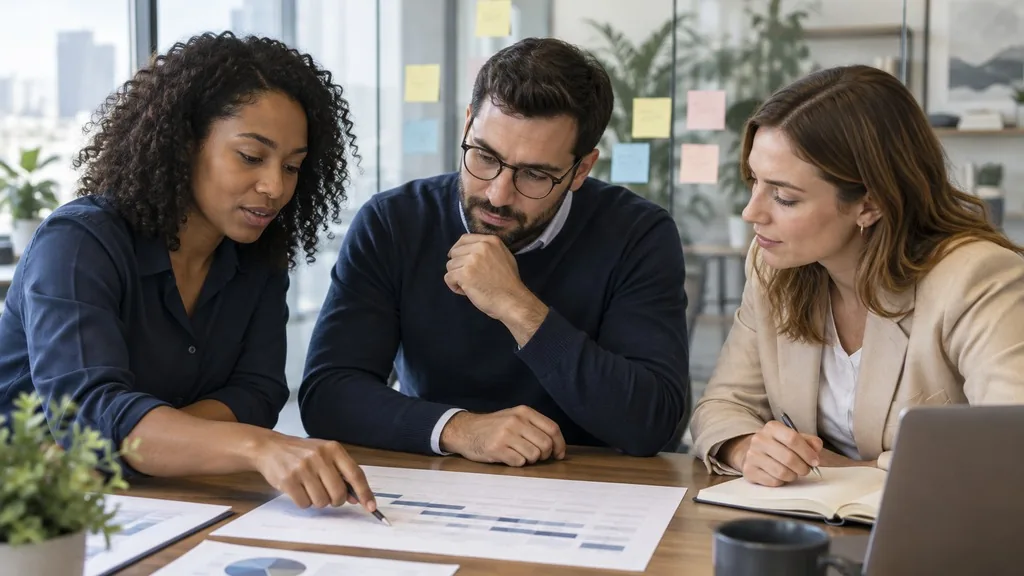 Three colleagues around a table reviewing a printed 90-day fundraising preparation plan with sticky notes on a glass wall