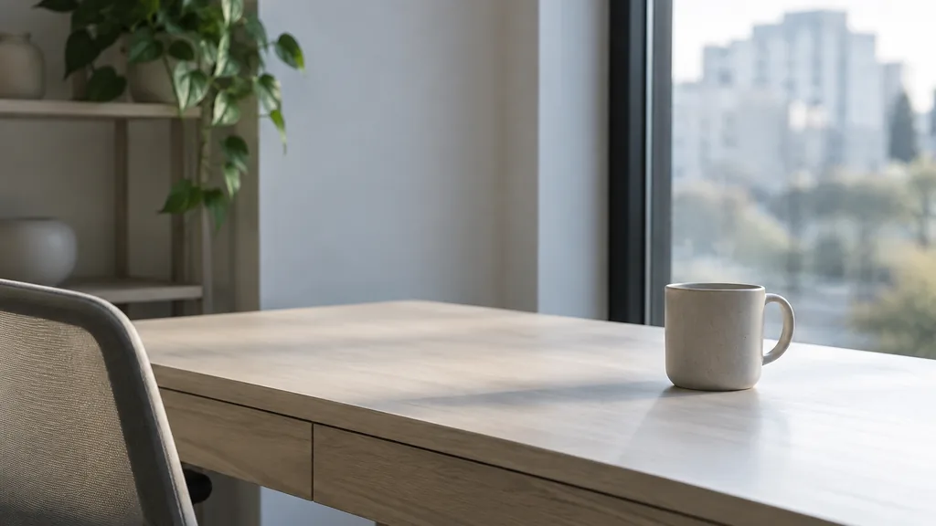 An empty workspace: an empty desk of pale ash with one bare ceramic cup in cool morning light