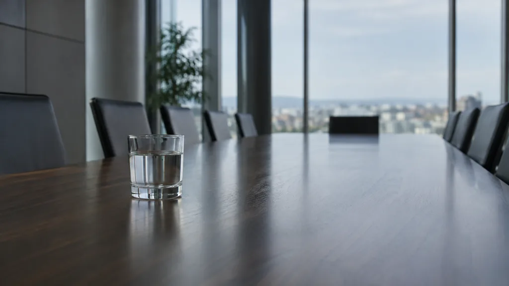 An empty workspace: an empty boardroom table of dark walnut with one bare water glass in cool north light