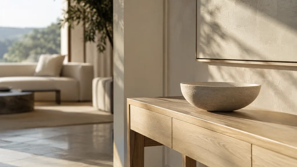 An empty workspace: an empty show-suite console of pale oak with one bare ceramic bowl in soft afternoon light
