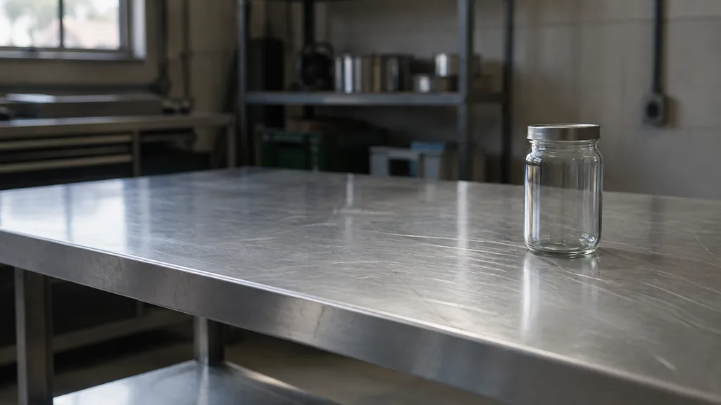 An empty workspace: an empty steel workbench of brushed metal with one bare glass jar in cool overhead light