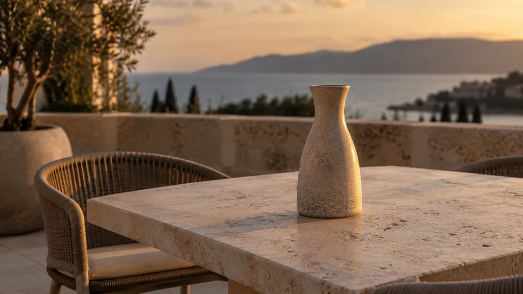 An empty workspace: an empty hotel terrace table of pale travertine with one bare stone carafe in warm evening light