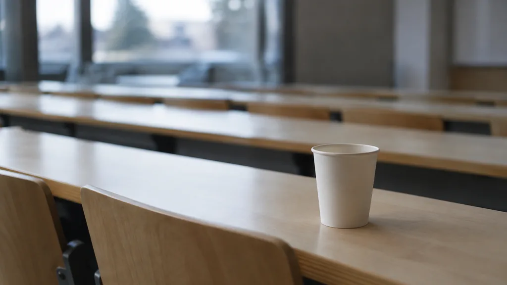 An empty workspace: an empty lecture-hall desk of pale birch with one bare paper cup in cool window light