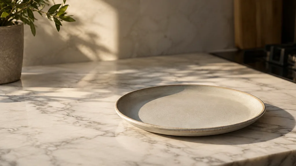 An empty workspace: an empty marble counter with one bare stoneware plate in warm side light