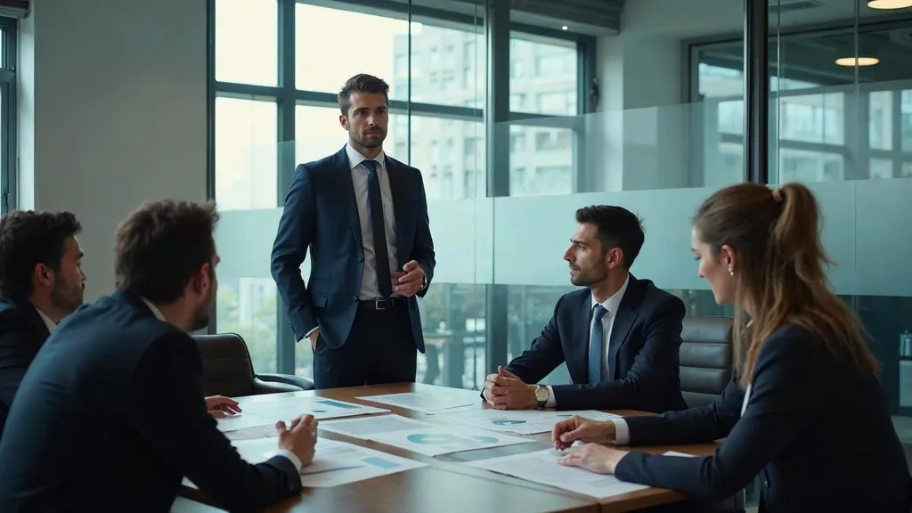 Marketing executive briefing four colleagues around a table in a glass-walled meeting room with printed charts