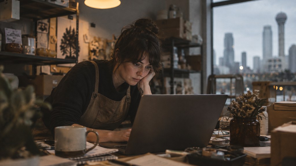 A small-business owner in an apron leaning over a laptop on a cluttered back-office desk late in the day, photographed in Dallas