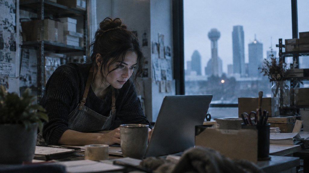 A small-business owner in an apron leaning over a laptop on a cluttered back-office desk late in the day, photographed in Dallas