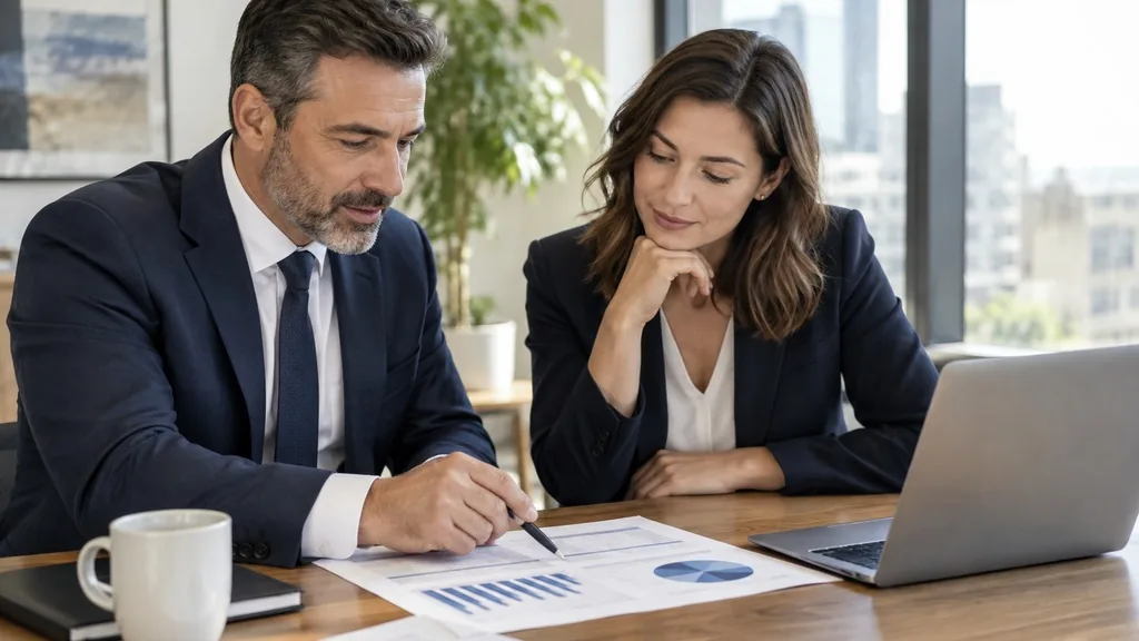 Two business leaders at a wooden meeting table reviewing a printed marketing performance report beside a laptop