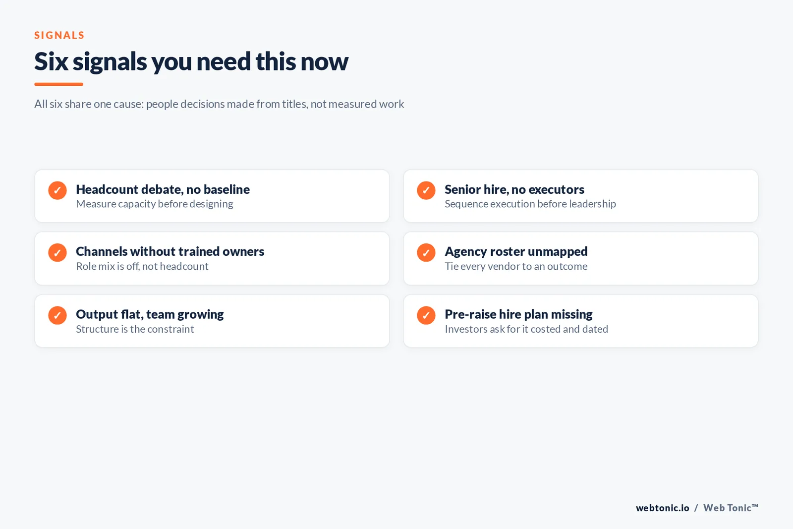 Checklist graphic of six signals that a business needs marketing structure advisory rather than another hire