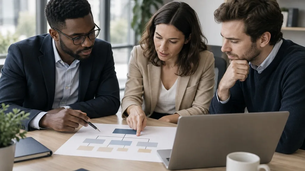 Three colleagues around a meeting table studying a printed organisation chart beside a laptop in a bright office