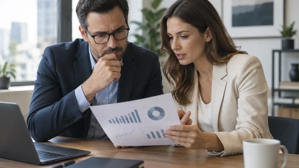 A finance lead and a marketing lead reviewing a single printed one-page KPI report together at a desk