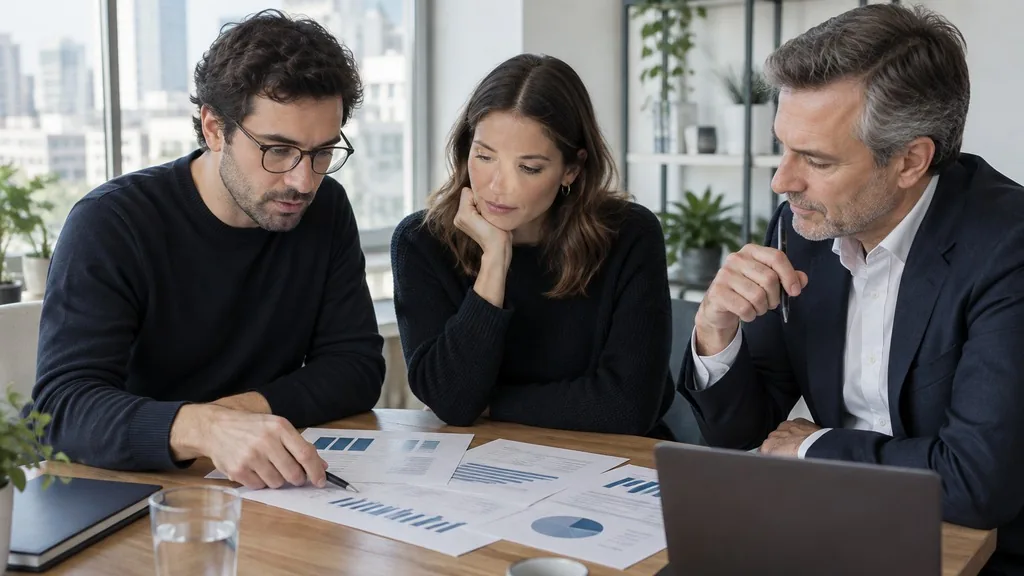 Two founders and an outside advisor reviewing a printed financial model and cohort tables at a meeting table
