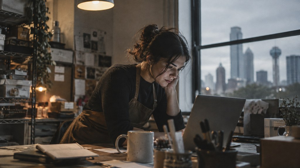 A small-business owner in an apron leaning over a laptop on a cluttered back-office desk late in the day, photographed in Dallas