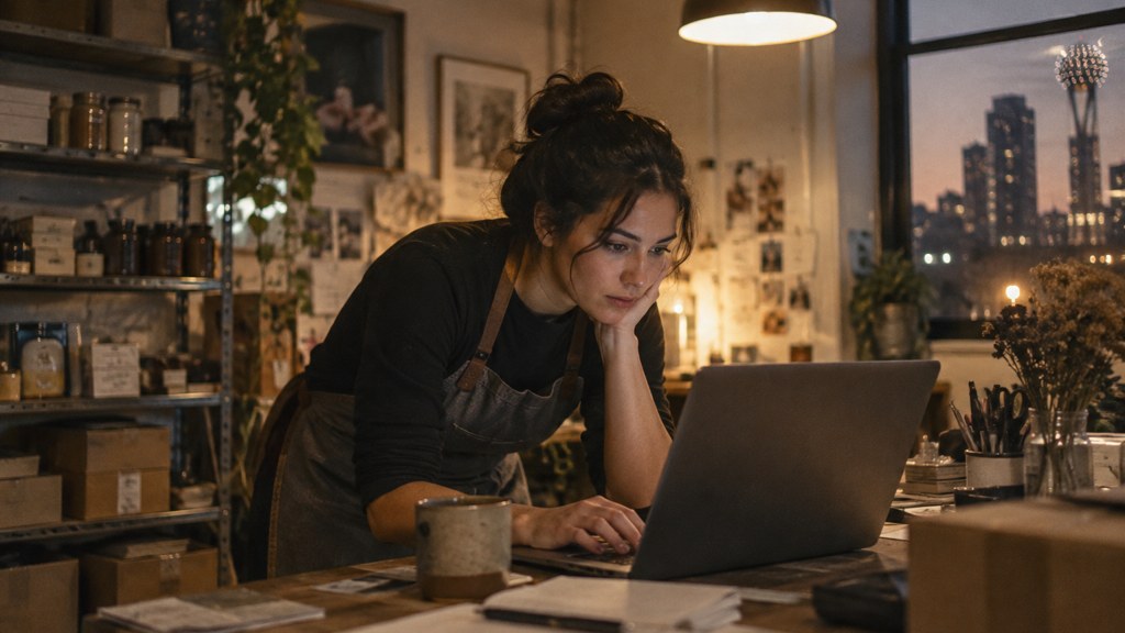 A small-business owner in an apron leaning over a laptop on a cluttered back-office desk late in the day, photographed in Dallas
