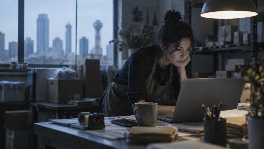 A small-business owner in an apron leaning over a laptop on a cluttered back-office desk late in the day, photographed in Dallas