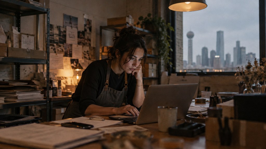 A small-business owner in an apron leaning over a laptop on a cluttered back-office desk late in the day, photographed in Dallas