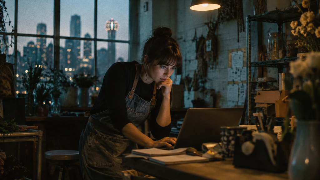 A small-business owner in an apron leaning over a laptop on a cluttered back-office desk late in the day, photographed in Dallas