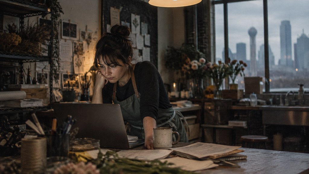 A small-business owner in an apron leaning over a laptop on a cluttered back-office desk late in the day, photographed in Dallas