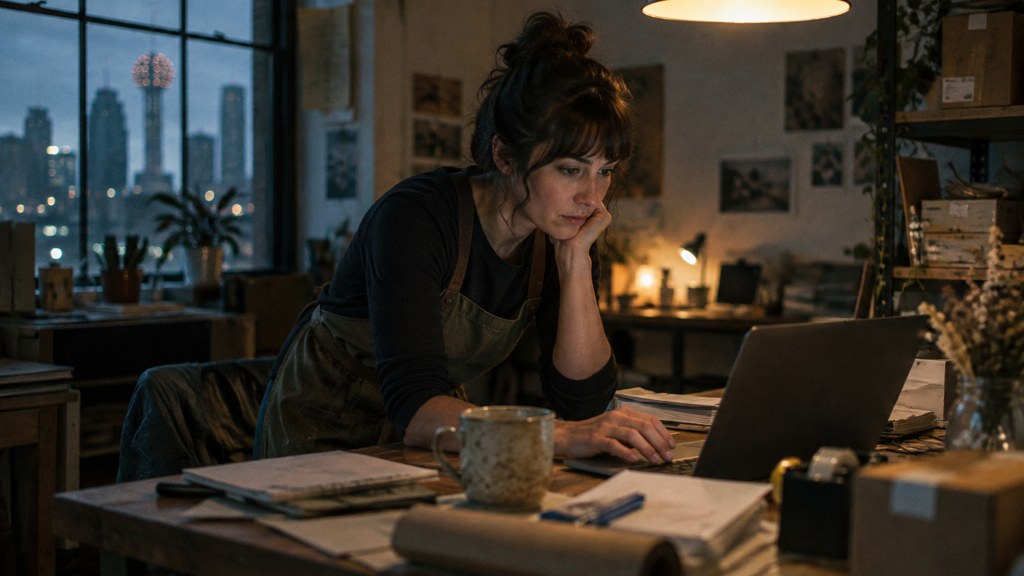 A small-business owner in an apron leaning over a laptop on a cluttered back-office desk late in the day, photographed in Dallas