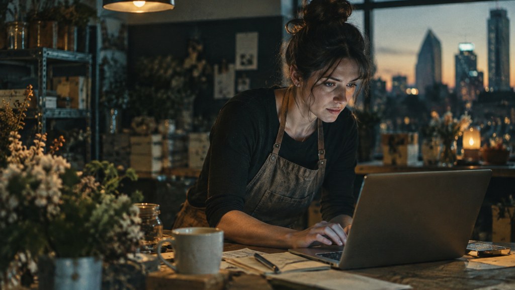 A small-business owner in an apron leaning over a laptop on a cluttered back-office desk late in the day, photographed in Dallas