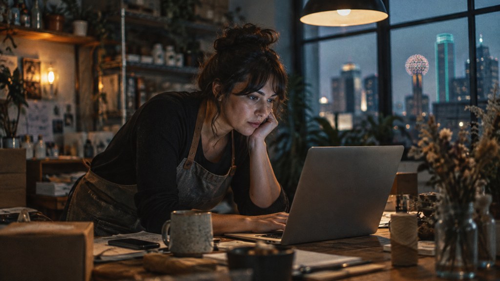 A small-business owner in an apron leaning over a laptop on a cluttered back-office desk late in the day, photographed in Dallas