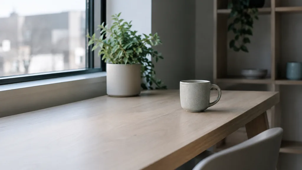 An empty workspace: an empty desk of pale ash with one bare ceramic cup in cool morning light