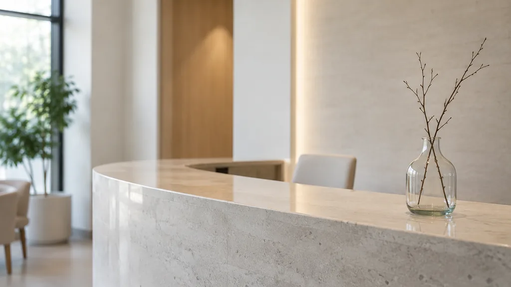 An empty workspace: an empty clinic reception counter of pale stone with one bare glass vase in soft diffused daylight