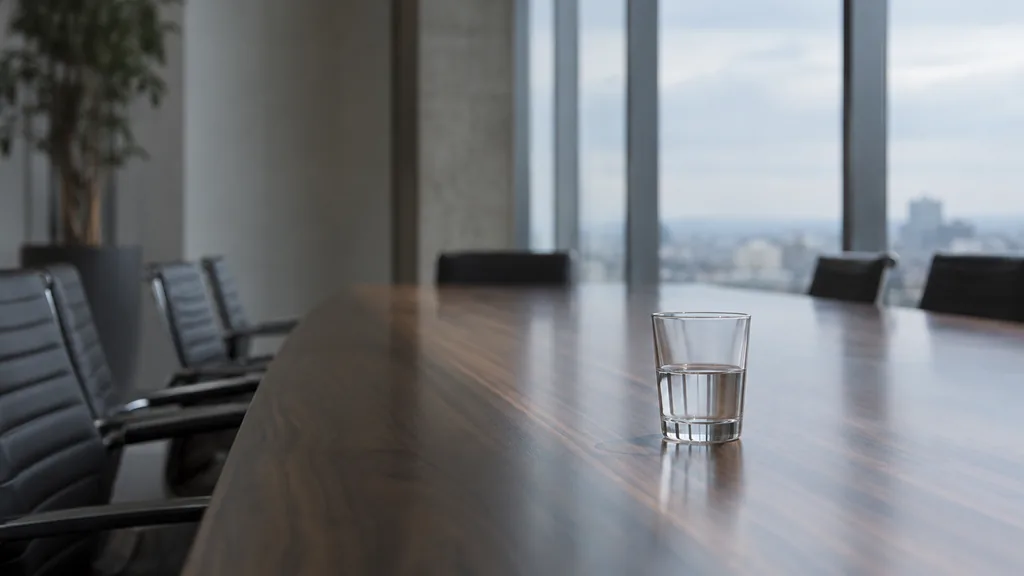 An empty workspace: an empty boardroom table of dark walnut with one bare water glass in cool north light