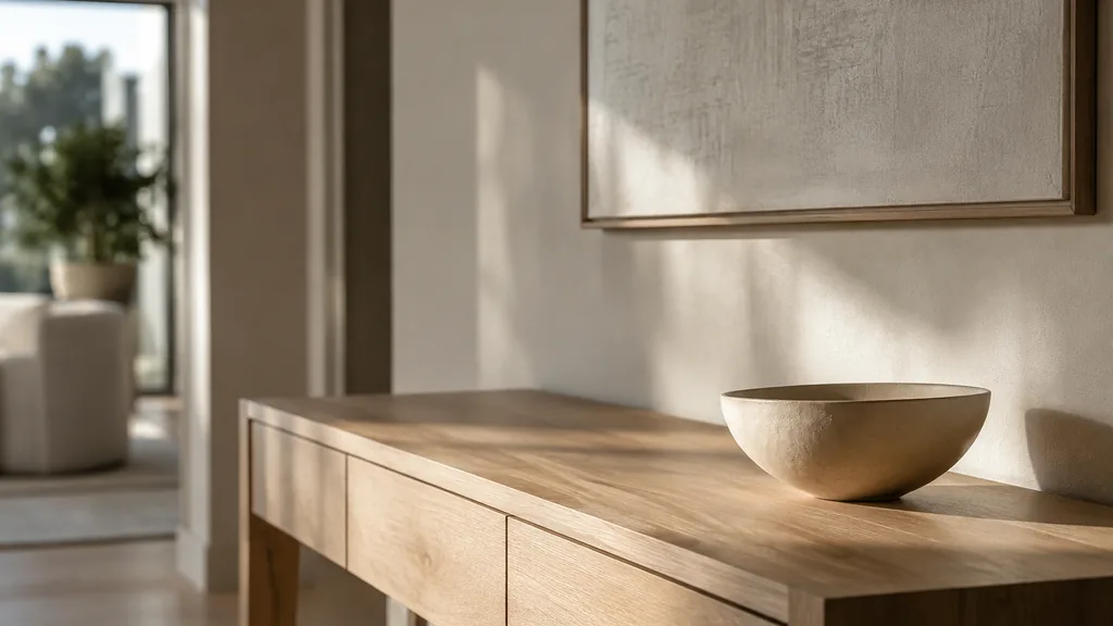 An empty workspace: an empty show-suite console of pale oak with one bare ceramic bowl in soft afternoon light