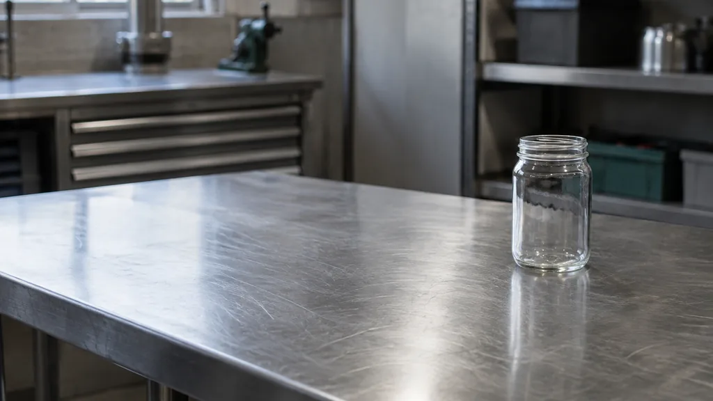 An empty workspace: an empty steel workbench of brushed metal with one bare glass jar in cool overhead light