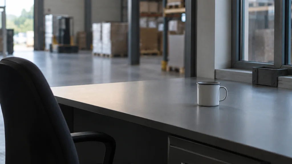 An empty workspace: an empty warehouse office desk of grey laminate with one bare enamel mug in cool morning light