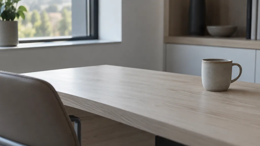 An empty workspace: an empty desk of pale ash with one bare ceramic cup in cool morning light