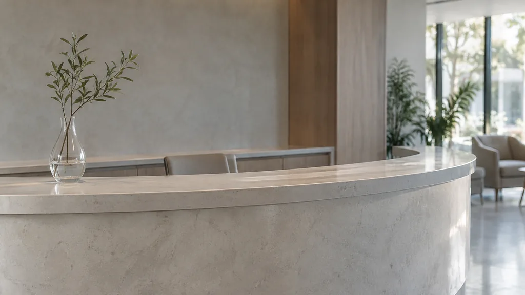 An empty workspace: an empty clinic reception counter of pale stone with one bare glass vase in soft diffused daylight