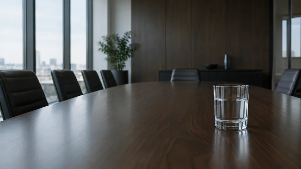An empty workspace: an empty boardroom table of dark walnut with one bare water glass in cool north light