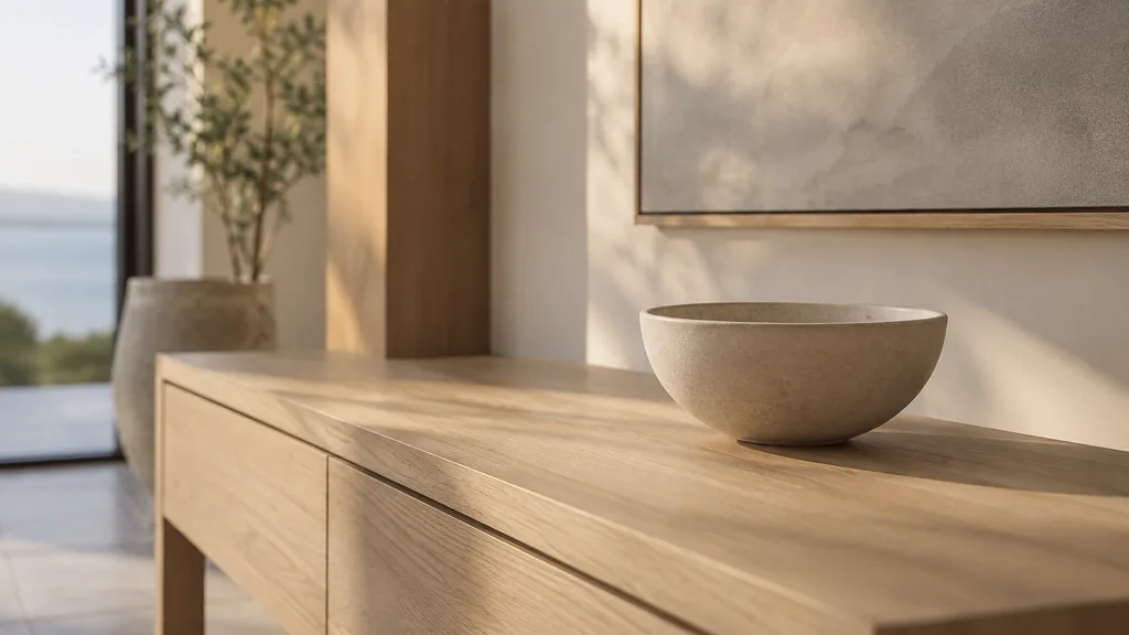 An empty workspace: an empty show-suite console of pale oak with one bare ceramic bowl in soft afternoon light