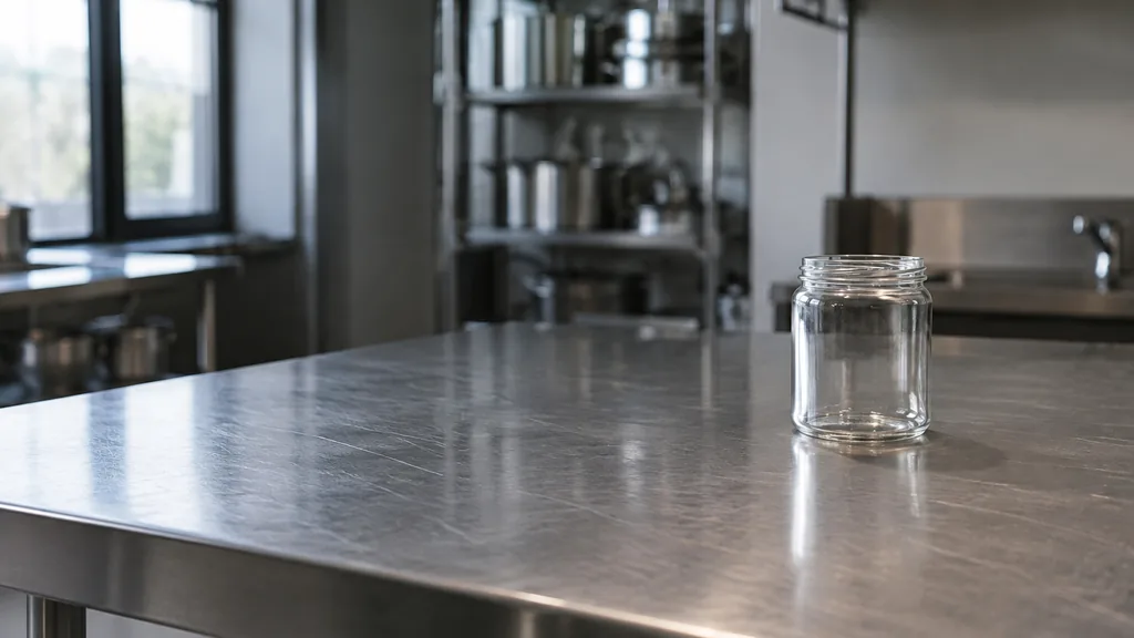 An empty workspace: an empty steel prep counter of brushed metal with one bare glass jar in cool overhead light