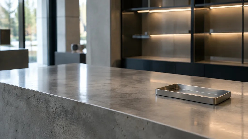 An empty workspace: an empty showroom counter of polished concrete with one bare metal key tray in cool overhead light