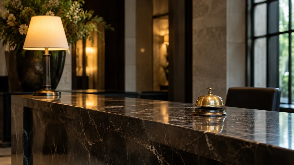 An empty workspace: an empty hotel concierge desk of dark stone with one bare brass bell in warm lamp light